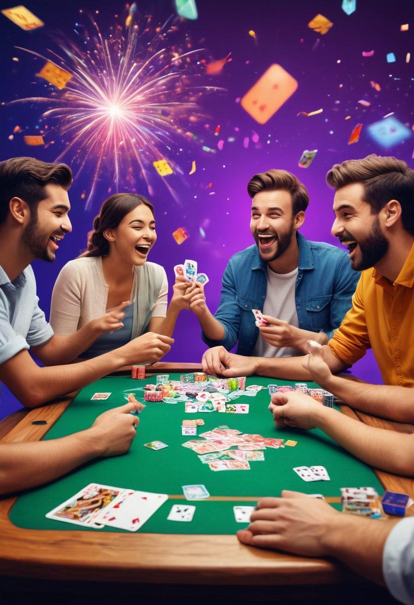 A lively scene depicting a diverse group of friends playing rummy, surrounded by colorful game cards and cheerful expressions. In the background, a virtual gaming interface displaying exciting promotions and bonuses, with bright, inviting colors creating a joyful atmosphere. Include elements like confetti and digital fireworks to emphasize celebration and fun. cartoon style. vibrant colors. energetic vibe.
