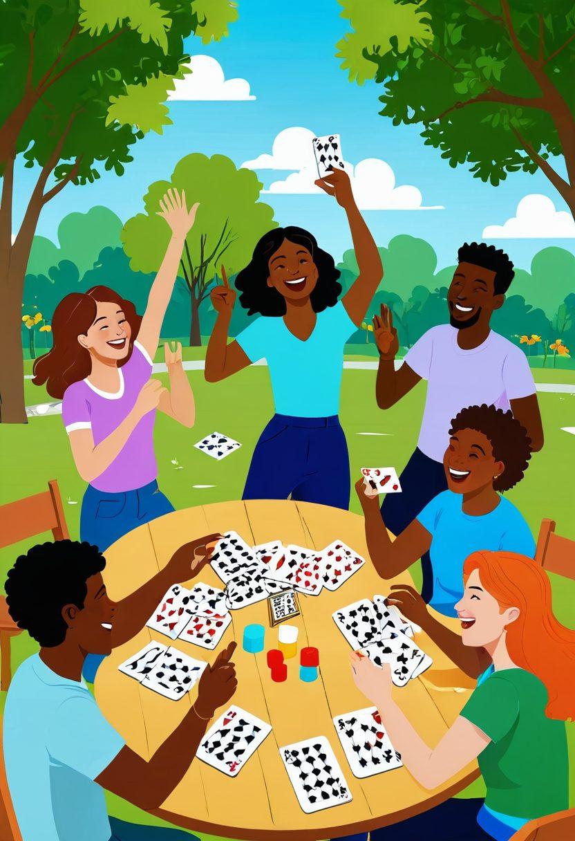 A lively scene depicting diverse group of friends passionately playing Rummy in a vibrant park setting, surrounded by colorful cards flying in the air, showcasing expressions of joy and excitement. Include elements like a picnic table, snacks, and cheerful summer vibes. The background should hint at a tournament atmosphere with banners and playful energy. Vector art. vibrant colors.
