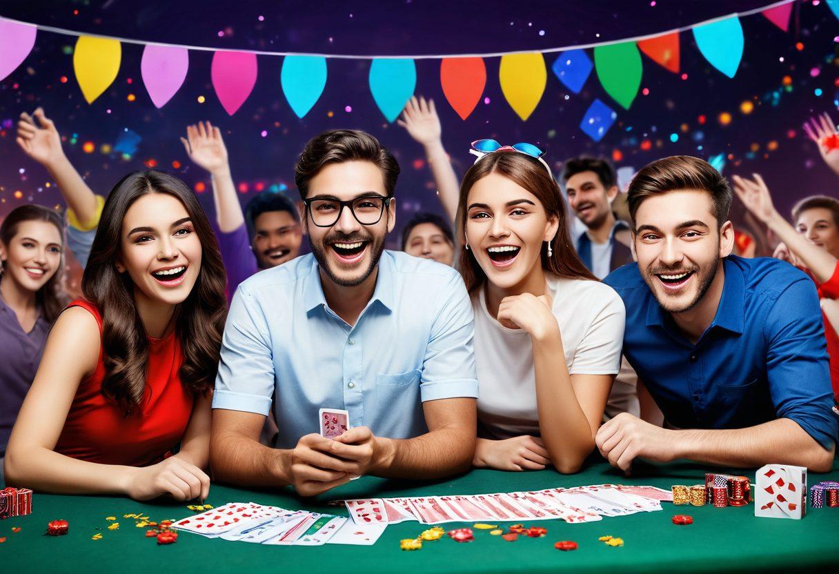 A vibrant scene showcasing a diverse group of cheerful people playing online rummy on various devices, surrounded by festive decorations and promotional banners. The atmosphere is lively and colorful, featuring confetti and excited facial expressions, with playful rummy-related graphics like cards and chips floating around. The background should convey a sense of connection and joy among players, inviting viewers to join the fun. super-realistic. vibrant colors. festive atmosphere.